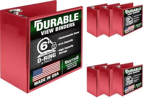 Samsill Durable 6-Inch 3-Ring Binder, Locking D-Ring, Clear View Cover, Red, 6-Pack | Holds 1225 Pages thumbnail 1