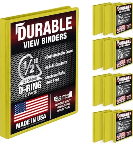 Samsill Yellow 12 Pack 0.5 Inch D-Ring Binder | Holds 125 Sheets, Recycled Chipboard thumbnail 1