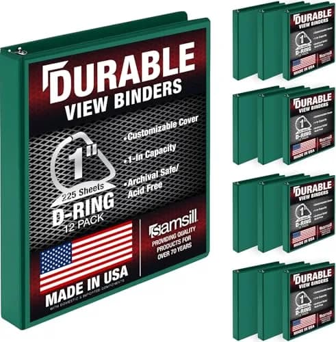 Samsill Durable 1 Inch 3 Ring D-Ring Binder, Green, 12 Pack | Holds 600 Sheets thumbnail 1