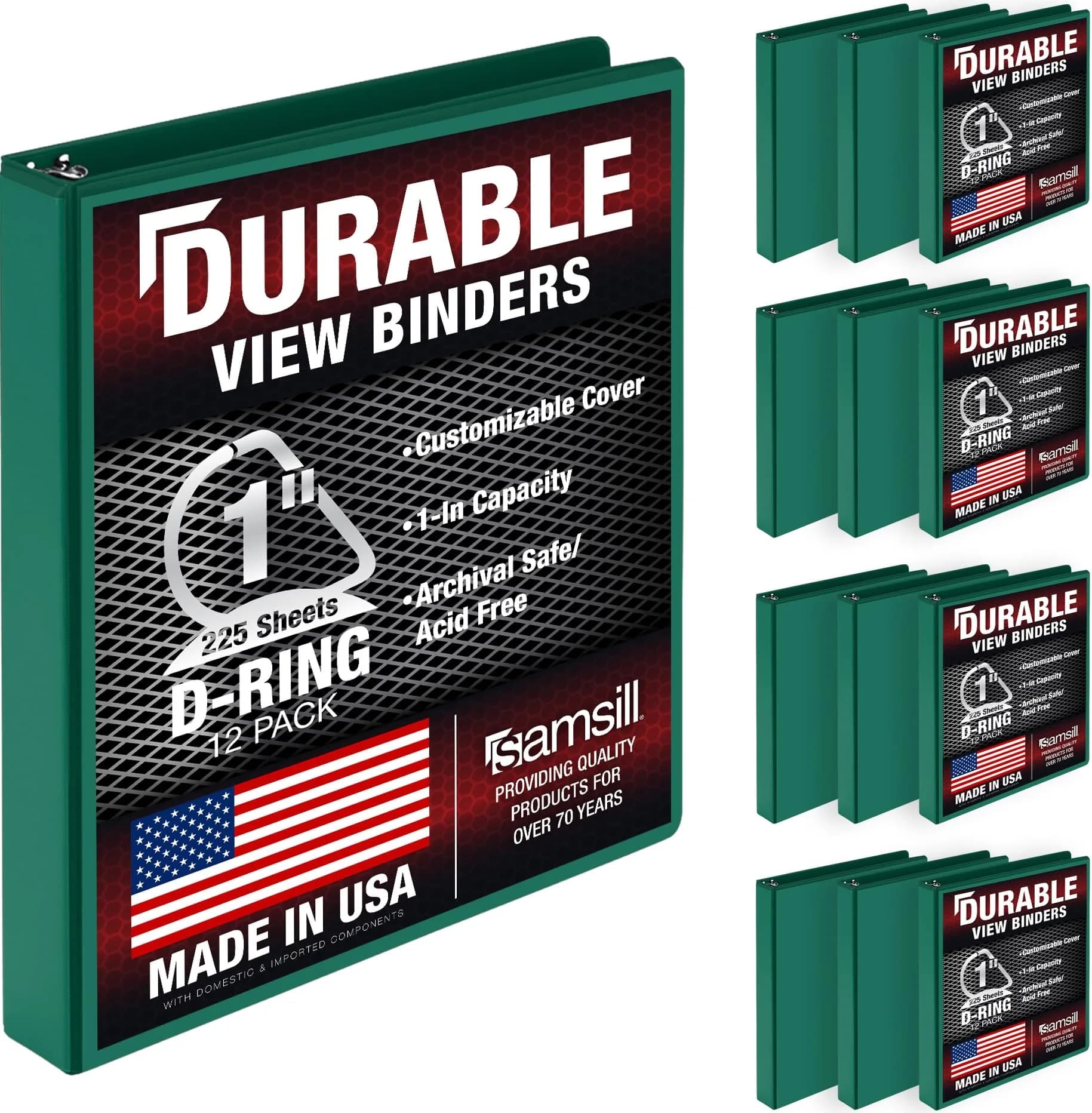 Samsill Durable 1 Inch 3 Ring D-Ring Binder, Green, 12 Pack | Holds 600 Sheets - main product image