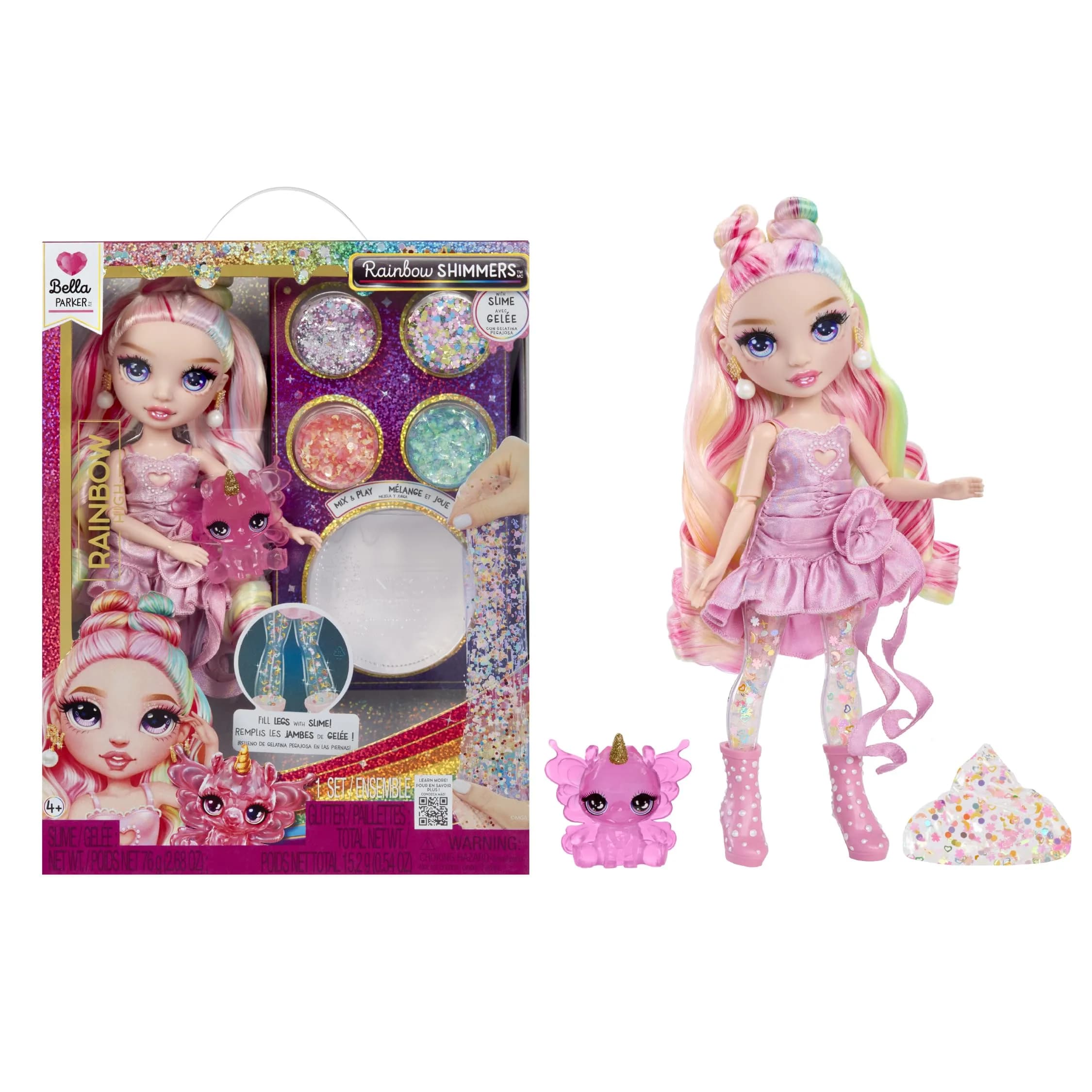 Rainbow High Bella Pink 11” Fashion Doll with Slime Kit & Magical Llama Pet | Ages 3+ (7-Piece Set) — Multicolor
