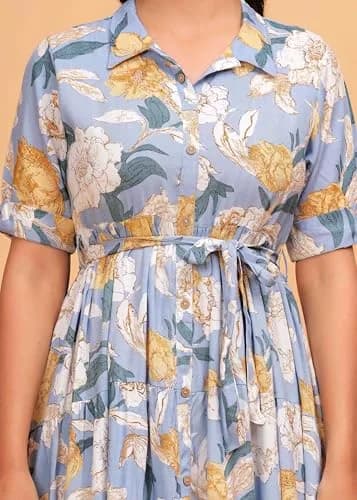 Jikonet Women's Floral Print Cotton Western Dress, Bright Blue, S | 119 cm Length thumbnail 4