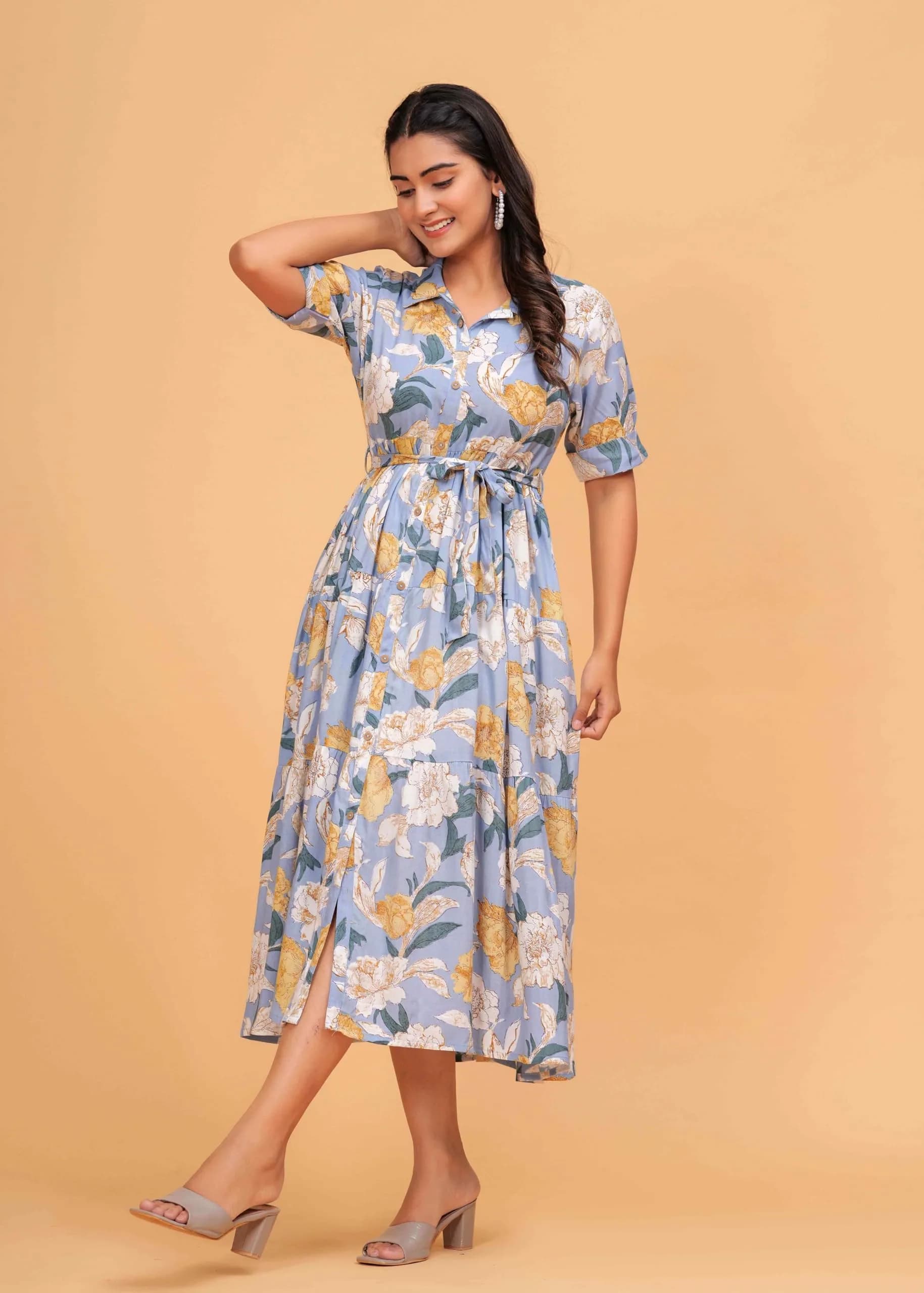 Jikonet Women's Floral Print Cotton Western Dress, Bright Blue, S | 119 cm Length - view 5