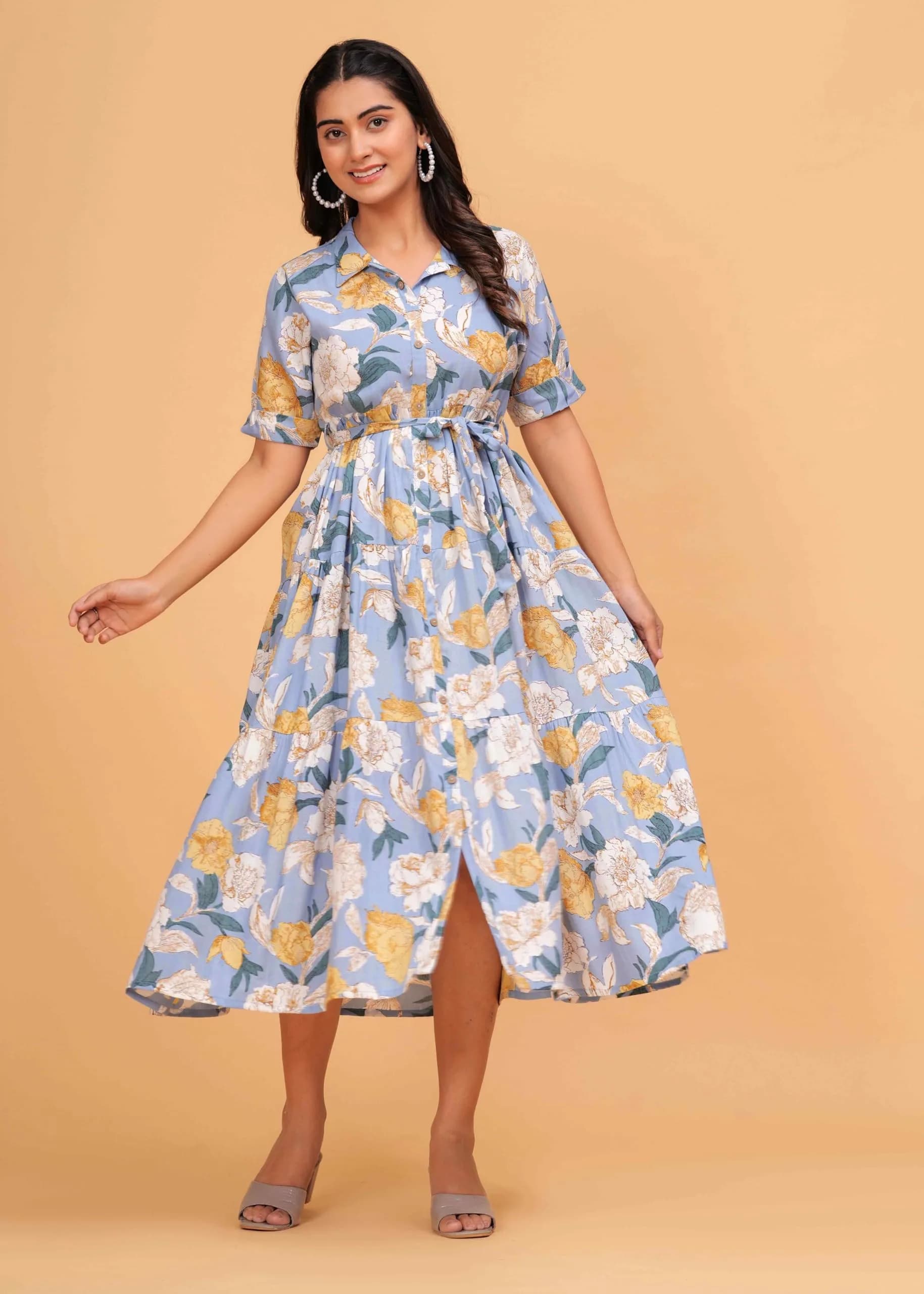 Jikonet Women's Floral Print Cotton Western Dress, Bright Blue, S | 119 cm Length - view 7