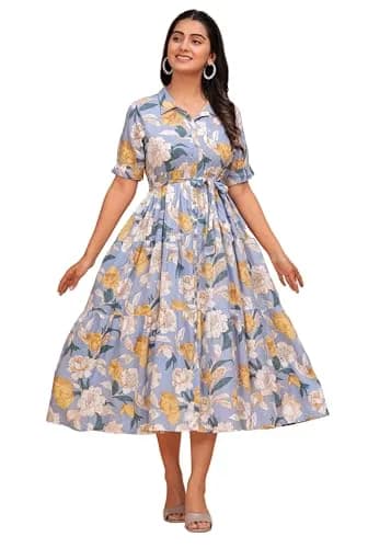 Jikonet Women's Floral Print Cotton Western Dress, Bright Blue, S | 119 cm Length thumbnail 1