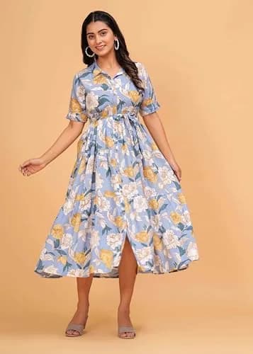 Jikonet Women's Floral Print Cotton Western Dress, Bright Blue, S | 119 cm Length thumbnail 7