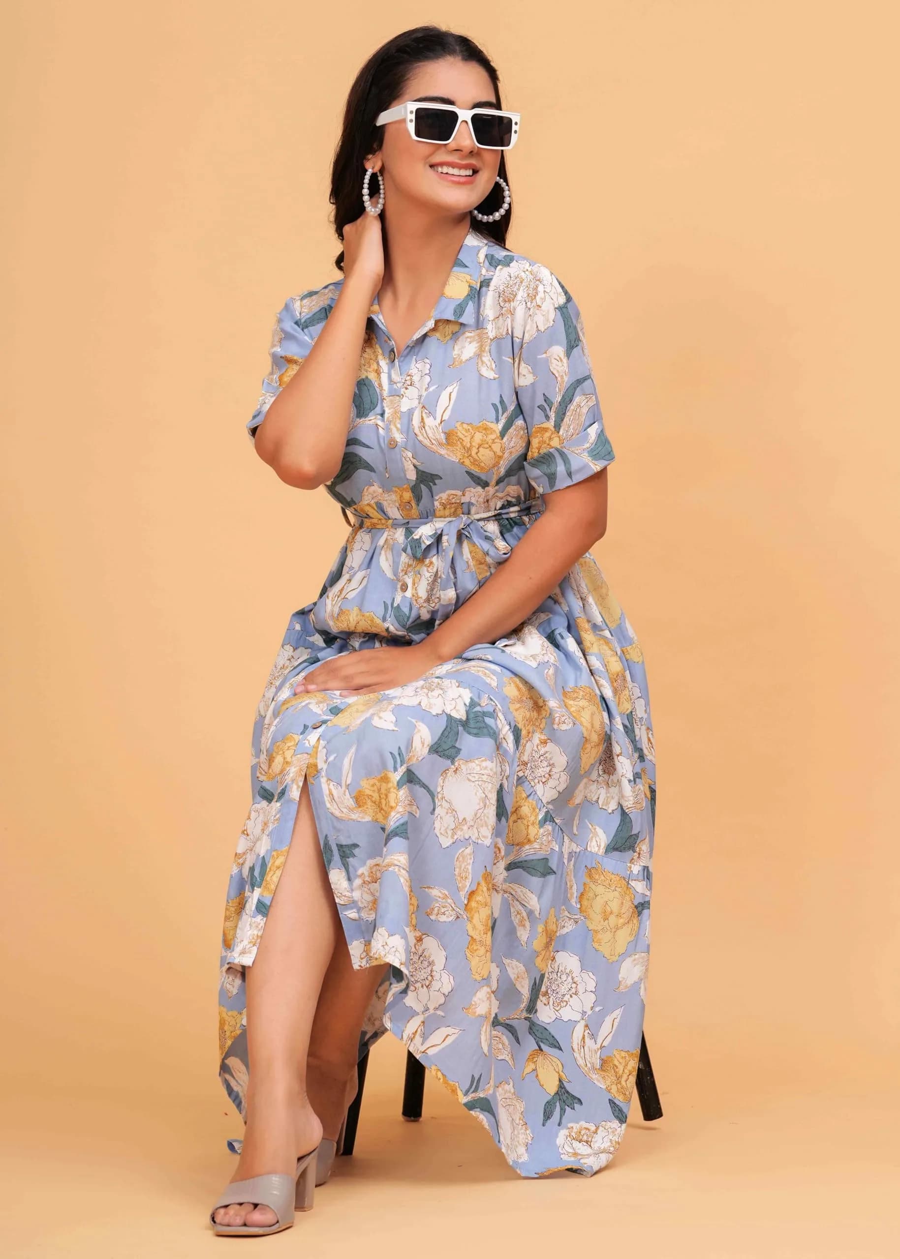 Jikonet Women's Floral Print Cotton Western Dress, Bright Blue, S | 119 cm Length - view 8