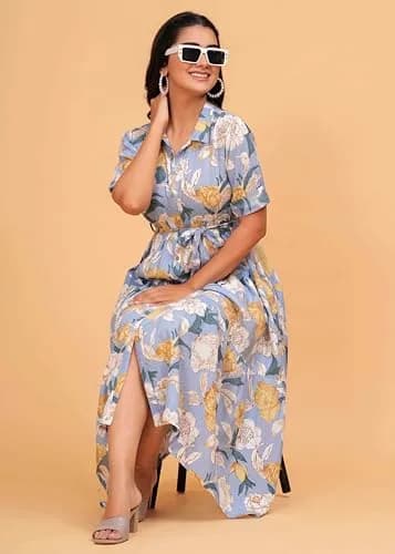 Jikonet Women's Floral Print Cotton Western Dress, Bright Blue, S | 119 cm Length thumbnail 8