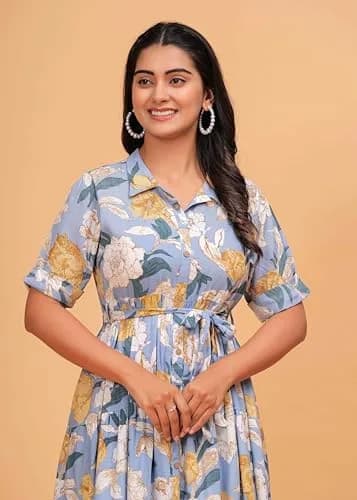 Jikonet Women's Floral Print Cotton Western Dress, Bright Blue, S | 119 cm Length thumbnail 3