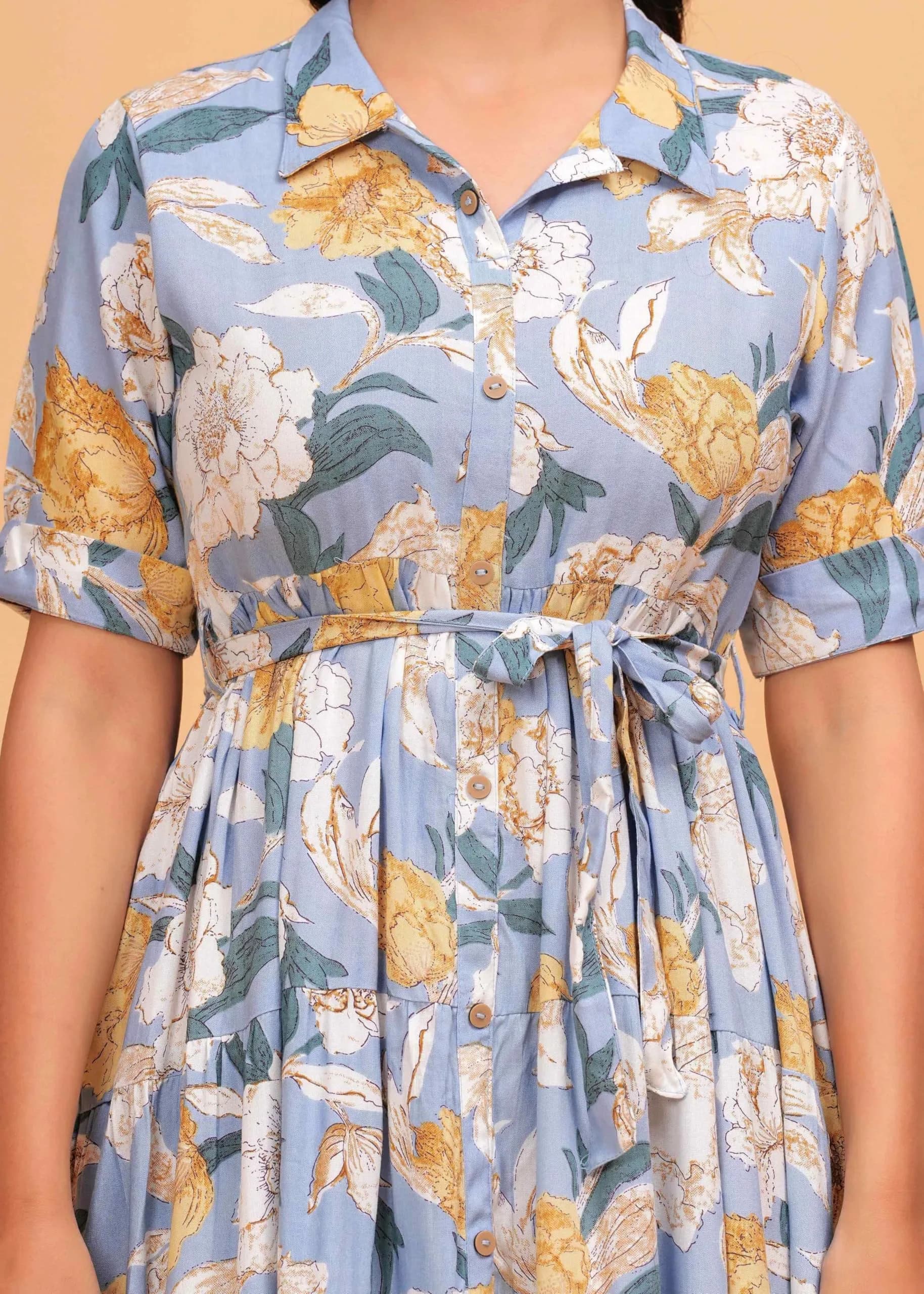 Jikonet Women's Floral Print Cotton Western Dress, Bright Blue, S | 119 cm Length - view 4