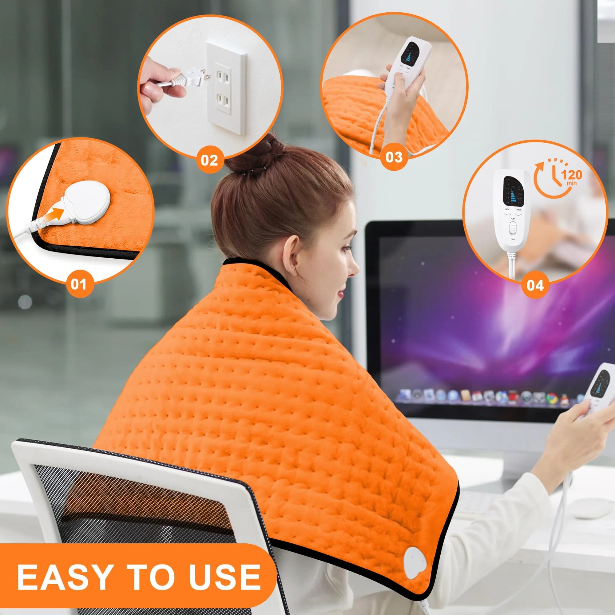 Deepsoon Orange Black Electric Heating Pad 33x17 Inch | Targeted Pain Relief with Auto Shut-Off - view 3