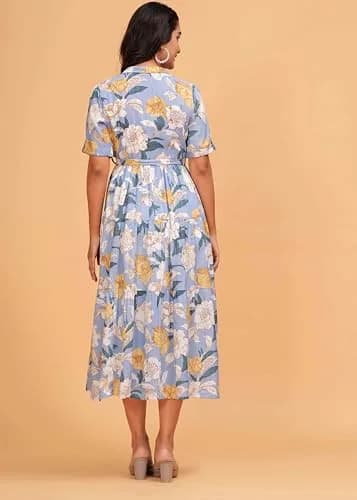 Jikonet Women's Floral Print Cotton Western Dress Bright Blue X-Small | 119 cm Length thumbnail 6