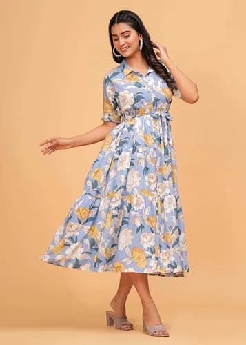 Jikonet Women's Floral Print Cotton Western Dress Bright Blue X-Small | 119 cm Length thumbnail 2