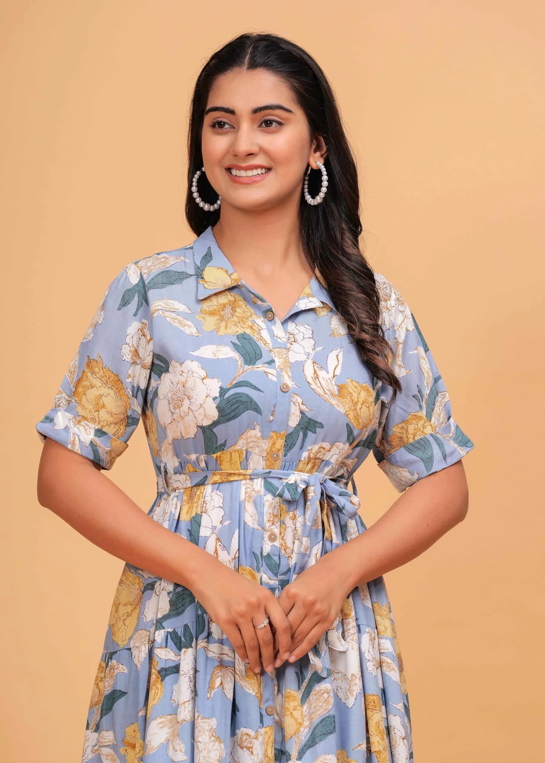 Jikonet Women's Floral Print Cotton Western Dress Bright Blue X-Small | 119 cm Length - view 3