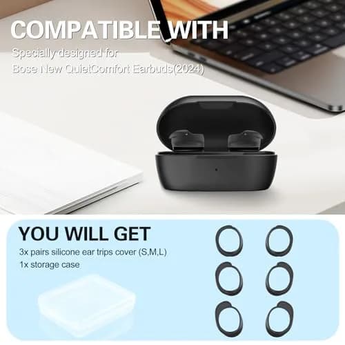 PUCGUE Silicone Ear Tips Covers for Bose QuietComfort Earbuds 2024 | Anti-Slip Fit Kit (Black) thumbnail 7