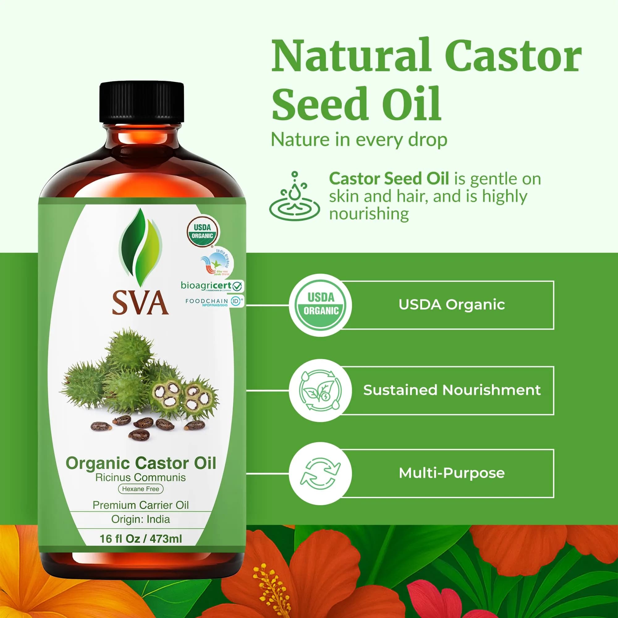SVA Organics Castor Carrier Oil - 16 Fl Oz (473 ml) | Pure & Natural Seed Oil - view 2