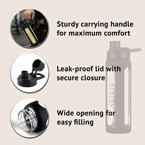 Asbirg 2.0 | 35 oz Glass Protein Shaker Bottle – BPA-Free, Leakproof Lid, Stainless Steel Mixing Ball & Silicone Sleeve – Gym Shaker for Smoothies, Shakes & Pre-Workout | Black thumbnail 4