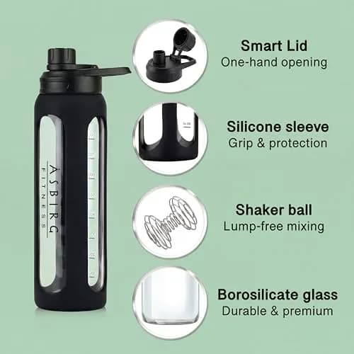 Asbirg 2.0 | 35 oz Glass Protein Shaker Bottle – BPA-Free, Leakproof Lid, Stainless Steel Mixing Ball & Silicone Sleeve – Gym Shaker for Smoothies, Shakes & Pre-Workout | Black thumbnail 3