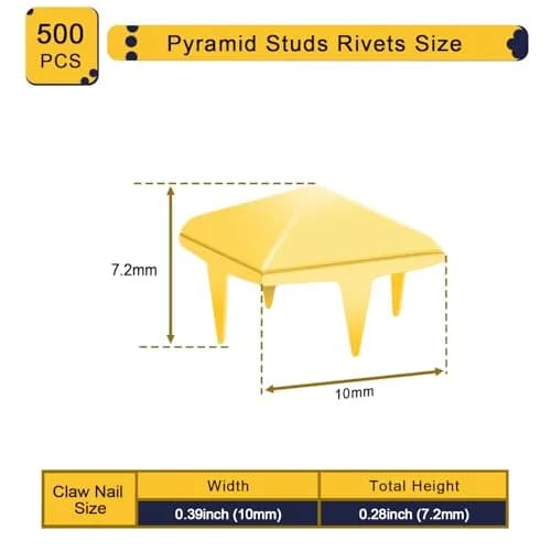 CooBigo 500pcs Square Pyramid Studs for Clothing | Edgy Punk Rivets, 10mm, Gold thumbnail 2