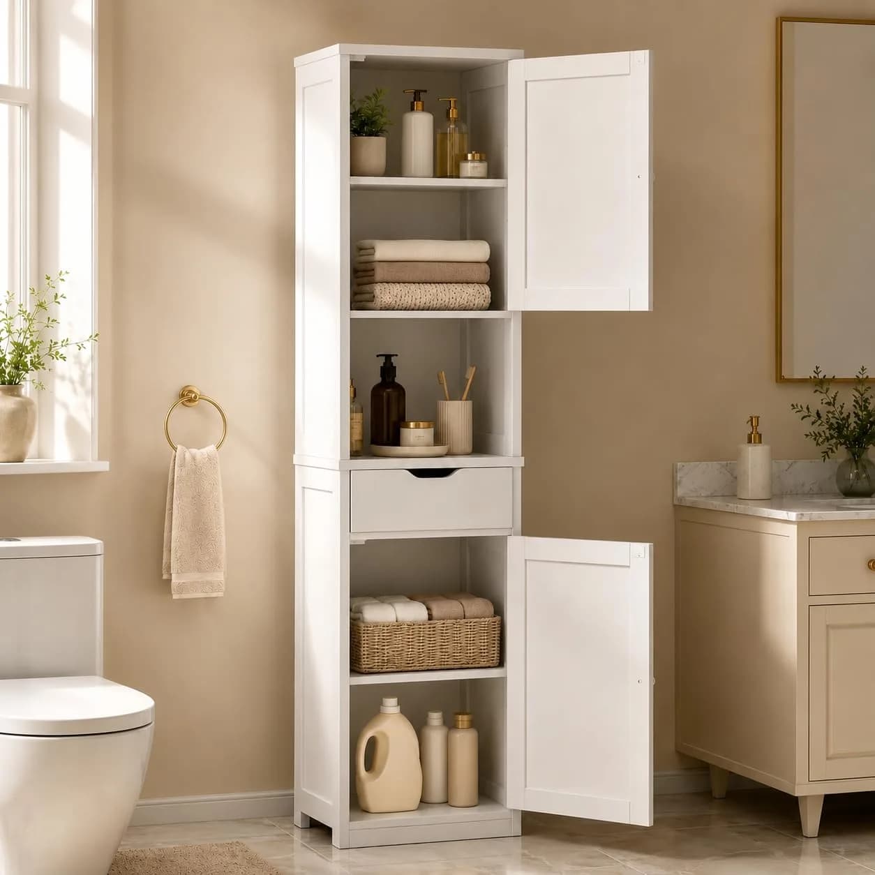Walsunny Tall Bathroom Storage Cabinet with 6 Adjustable Shelves, White | Slim Freestanding Linen Cabinet for Bathroom & Kitchen - main product image