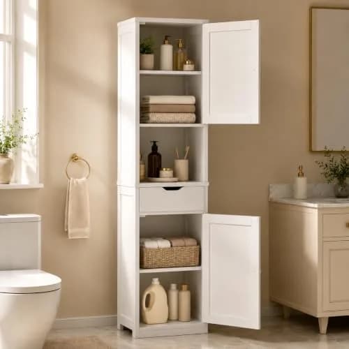 Walsunny Tall Bathroom Storage Cabinet with 6 Adjustable Shelves, White | Slim Freestanding Linen Cabinet for Bathroom & Kitchen thumbnail 1