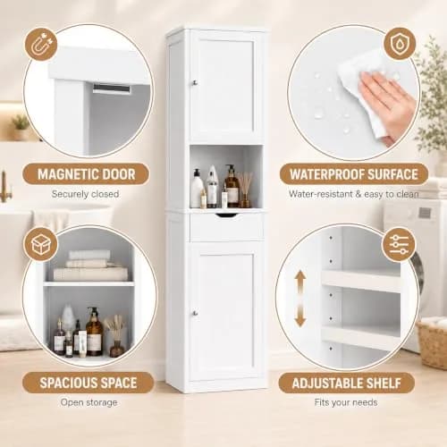 Walsunny Tall Bathroom Storage Cabinet with 6 Adjustable Shelves, White | Slim Freestanding Linen Cabinet for Bathroom & Kitchen thumbnail 4
