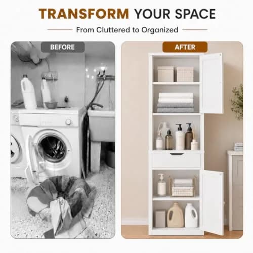 Walsunny Tall Bathroom Storage Cabinet with 6 Adjustable Shelves, White | Slim Freestanding Linen Cabinet for Bathroom & Kitchen thumbnail 5