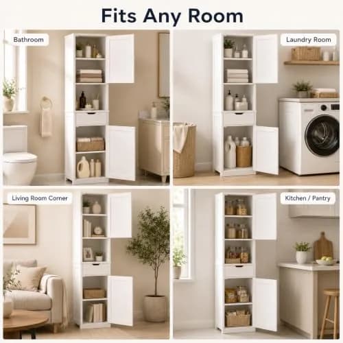 Walsunny Tall Bathroom Storage Cabinet with 6 Adjustable Shelves, White | Slim Freestanding Linen Cabinet for Bathroom & Kitchen thumbnail 6