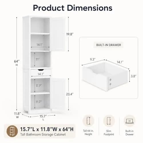 Walsunny Tall Bathroom Storage Cabinet with 6 Adjustable Shelves, White | Slim Freestanding Linen Cabinet for Bathroom & Kitchen thumbnail 2