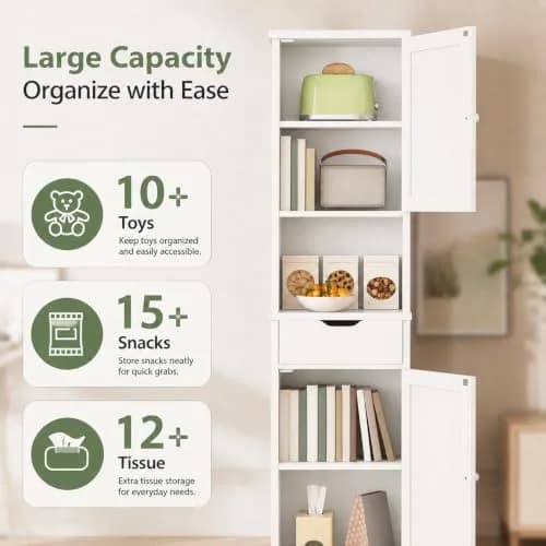 Walsunny Tall Bathroom Storage Cabinet with 6 Adjustable Shelves, White | Slim Freestanding Linen Cabinet for Bathroom & Kitchen thumbnail 3