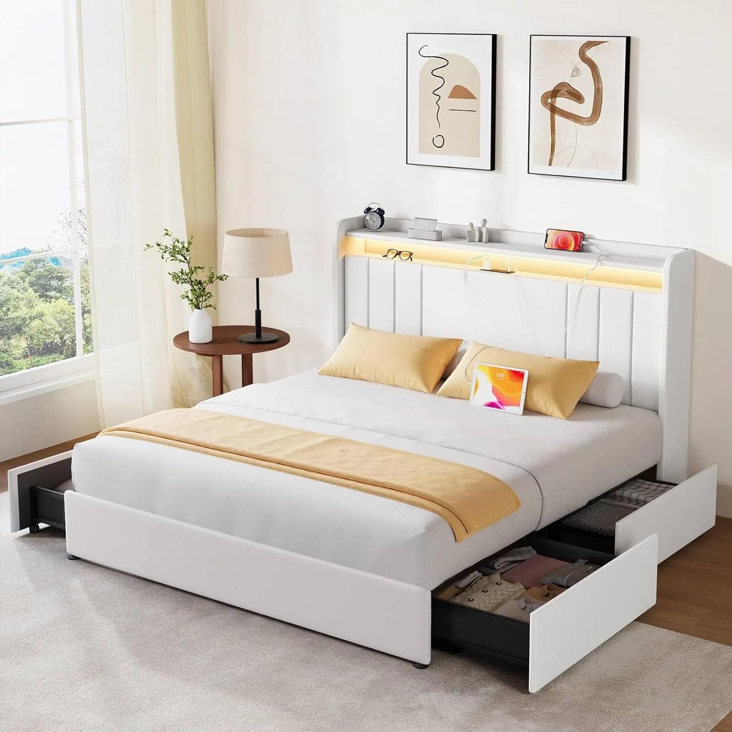 Koorlian Queen Size Upholstered Bed Frame with Storage & RGB LED | 4 Drawers, USB & Type-C Charging — White