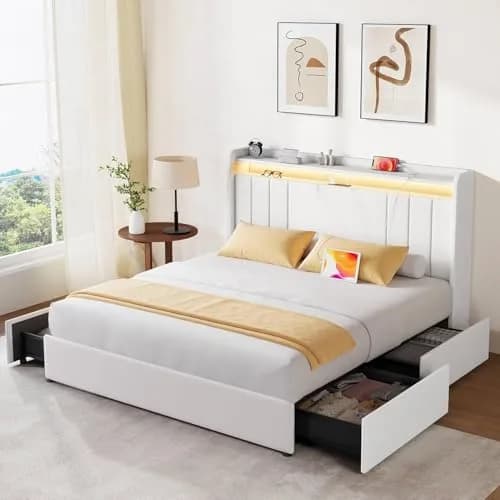 Koorlian Queen Size Upholstered Bed Frame with Storage & RGB LED | 4 Drawers, USB & Type-C Charging thumbnail 1