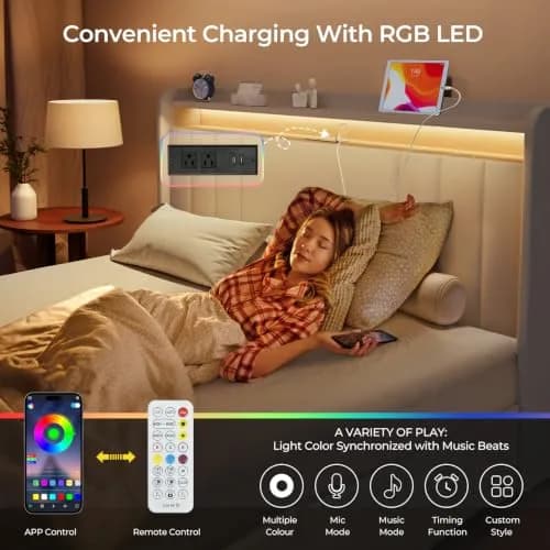 Koorlian Queen Size Upholstered Bed Frame with Storage & RGB LED | 4 Drawers, USB & Type-C Charging thumbnail 3