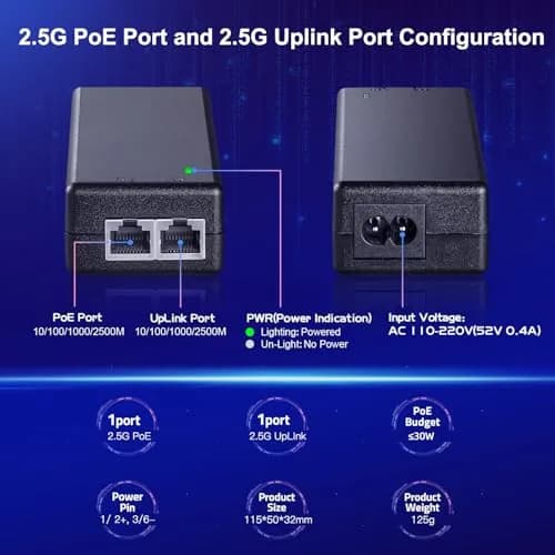 MokerLink 2.5 Gigabit PoE Injector 30W | 2.5G/1G/100M Ethernet, Plug & Play, 100 Meters Range thumbnail 4