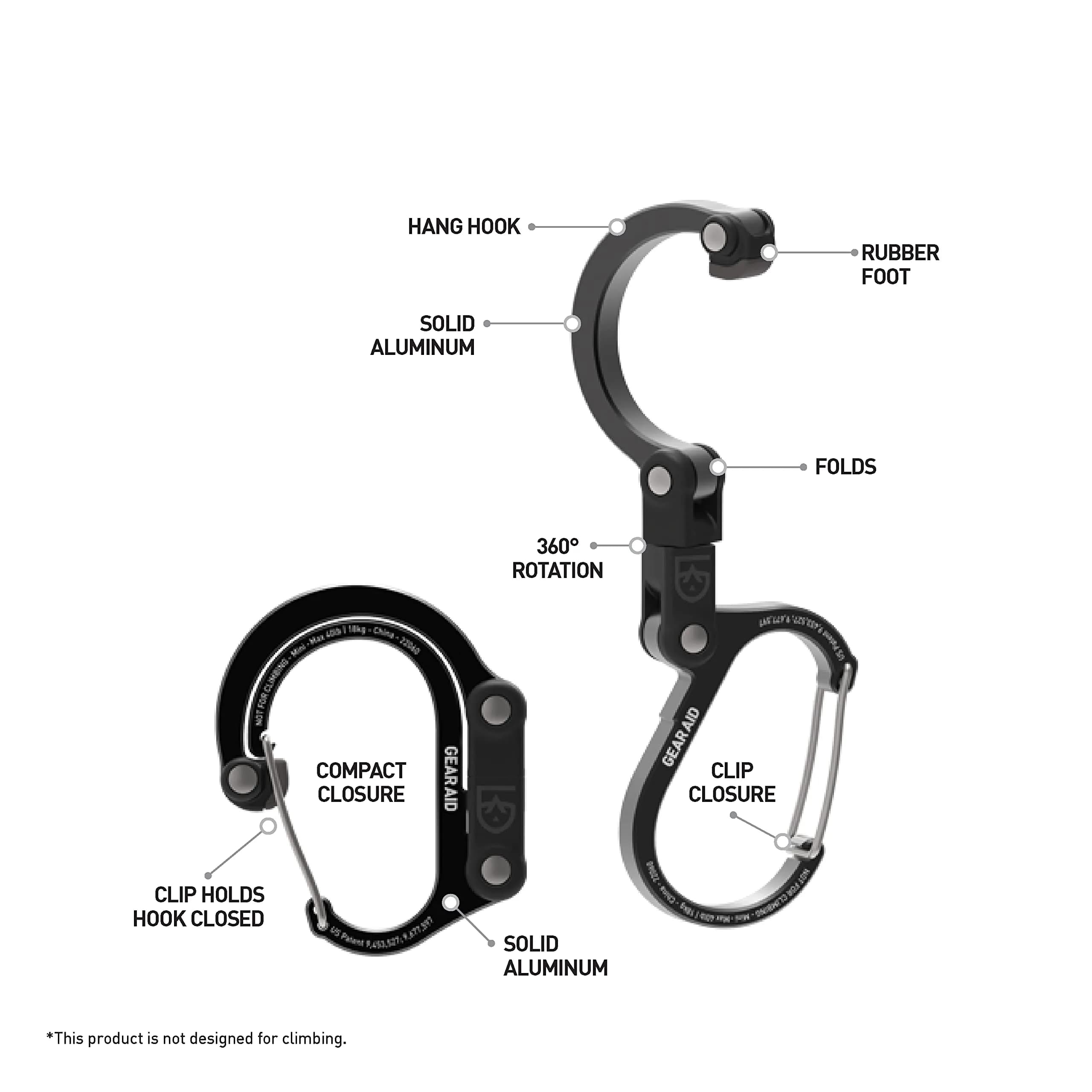 GEAR AID HEROCLIP Small Carabiner Gear Clip and Hook, 22.7 kg (50 lb) Capacity | Aircraft-Grade Aluminum for Hanging Bags, Strollers, Tools - view 3