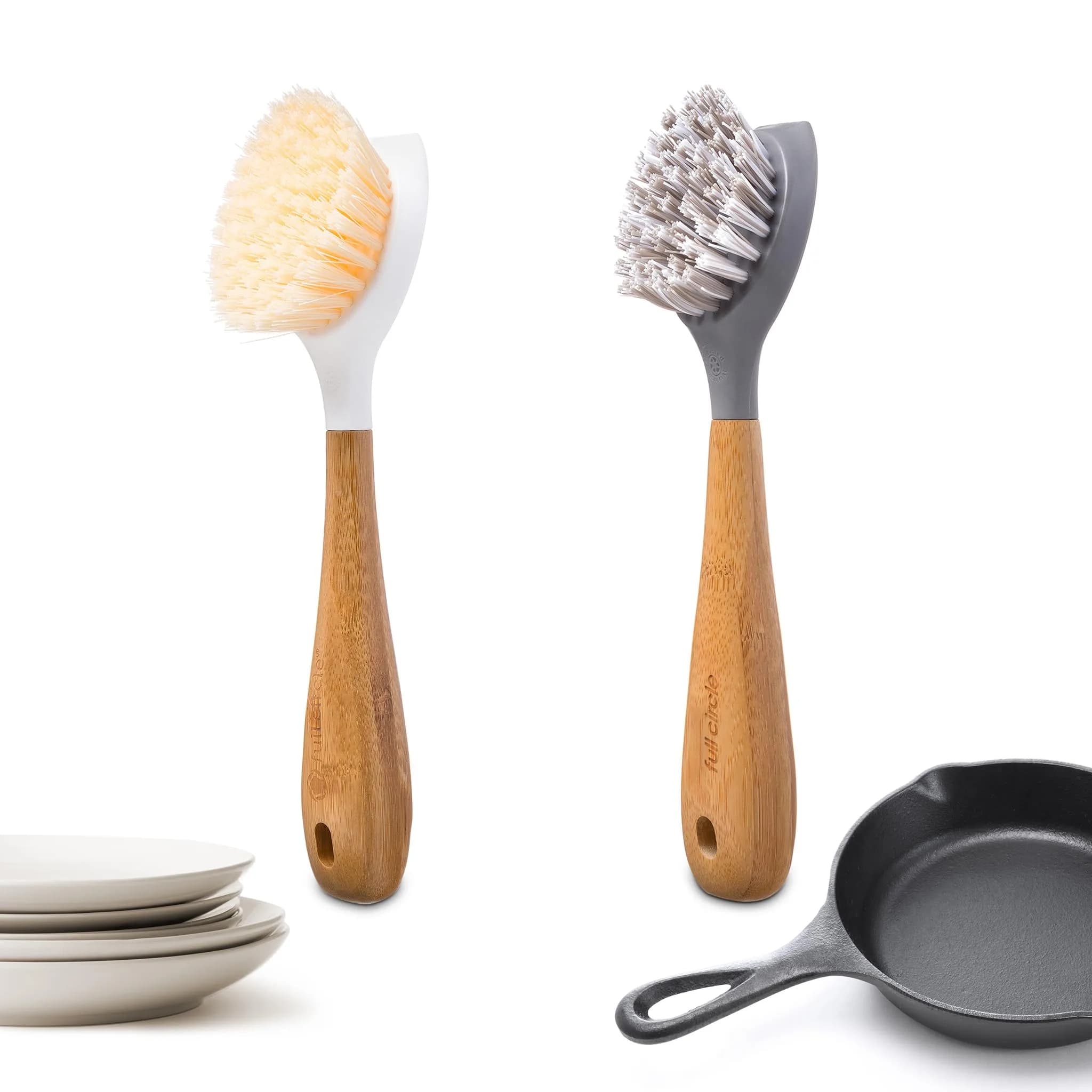 Full Circle Double Dish Brush Set 2 Pack | Eco-Friendly Bamboo Handles for Kitchen Cleaning