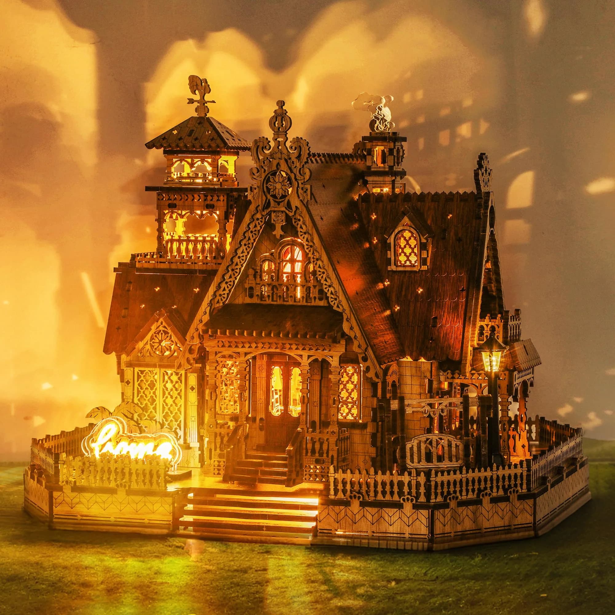 FUNPOLA 3D Wood Puzzle Countryside Cottage Model - DIY Miniature Building Kit with Spark LED Lights | Rustic Home Décor Gift - main product image