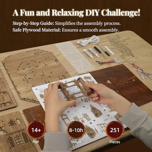 FUNPOLA 3D Wood Puzzle Countryside Cottage Model - DIY Miniature Building Kit with Spark LED Lights | Rustic Home Décor Gift thumbnail 4