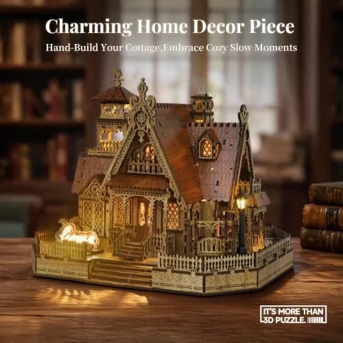 FUNPOLA 3D Wood Puzzle Countryside Cottage Model - DIY Miniature Building Kit with Spark LED Lights | Rustic Home Décor Gift thumbnail 6