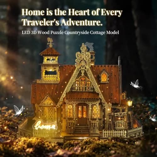 FUNPOLA 3D Wood Puzzle Countryside Cottage Model - DIY Miniature Building Kit with Spark LED Lights | Rustic Home Décor Gift thumbnail 2