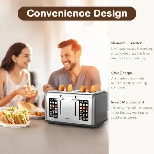 Mecity 4 Slice Smart Toaster with Touch Screen Control, 28.4cm (11.2in) Wide Slots, Pearl Grey | Dual Panel Toasting for Bagels, Muffins, Waffles thumbnail 5