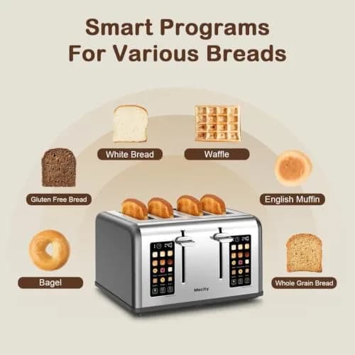 Mecity 4 Slice Smart Toaster with Touch Screen Control, 28.4cm (11.2in) Wide Slots, Pearl Grey | Dual Panel Toasting for Bagels, Muffins, Waffles thumbnail 3