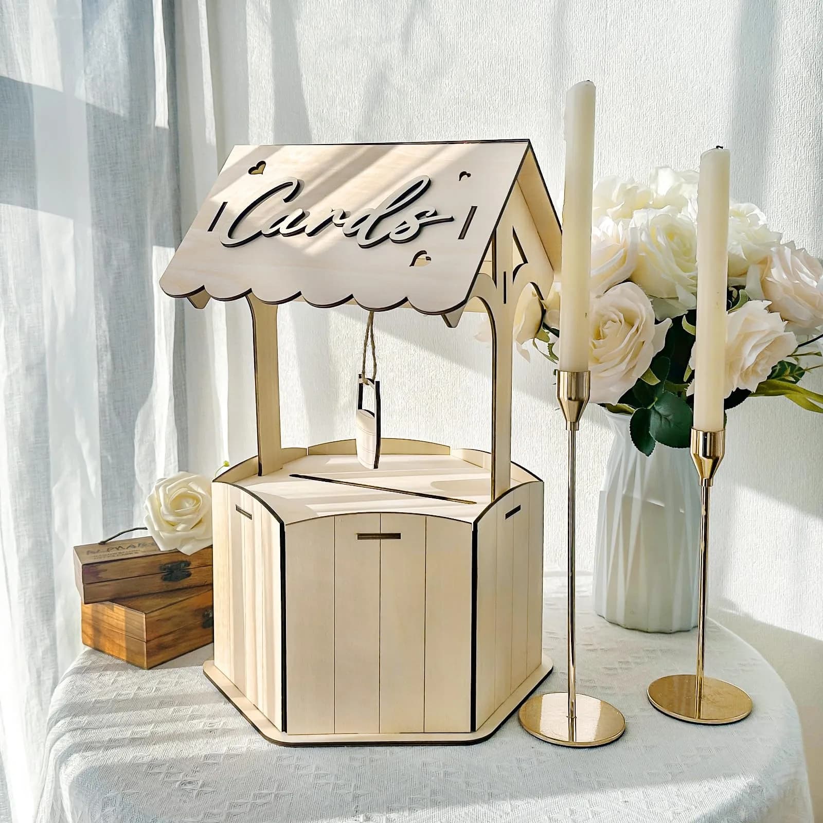OurWarm Wishing Well Wedding Card Box for Reception | Rustic Wooden Gift Box, 11.6 x 11.6 x 6.7 inches - main product image