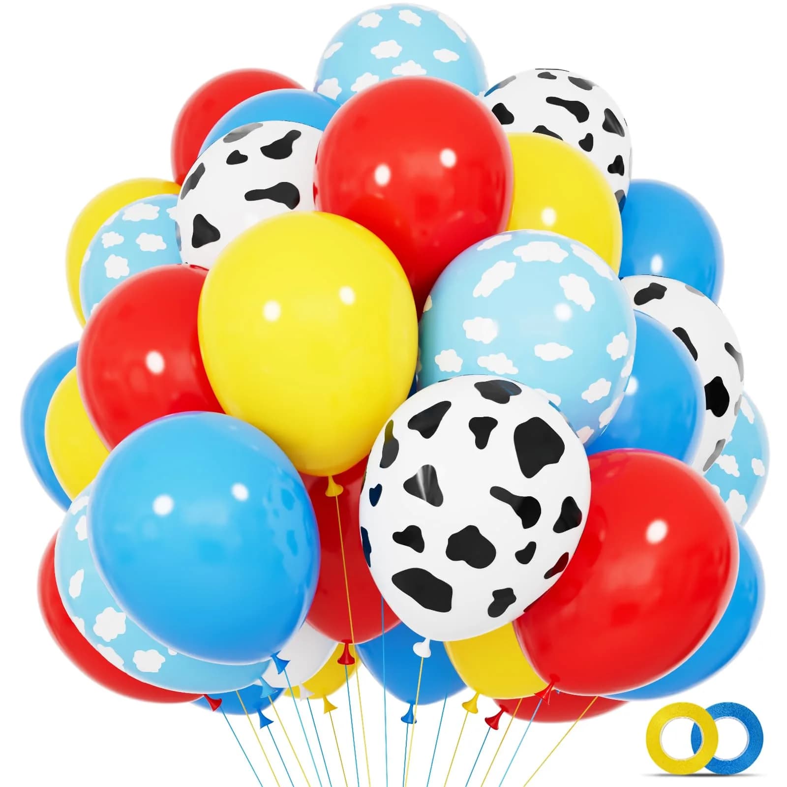 KUULBELA 68Pcs Red Yellow Blue Toy Balloons 12 Inch Cloud Cow Print | Assorted Colors Party Pack