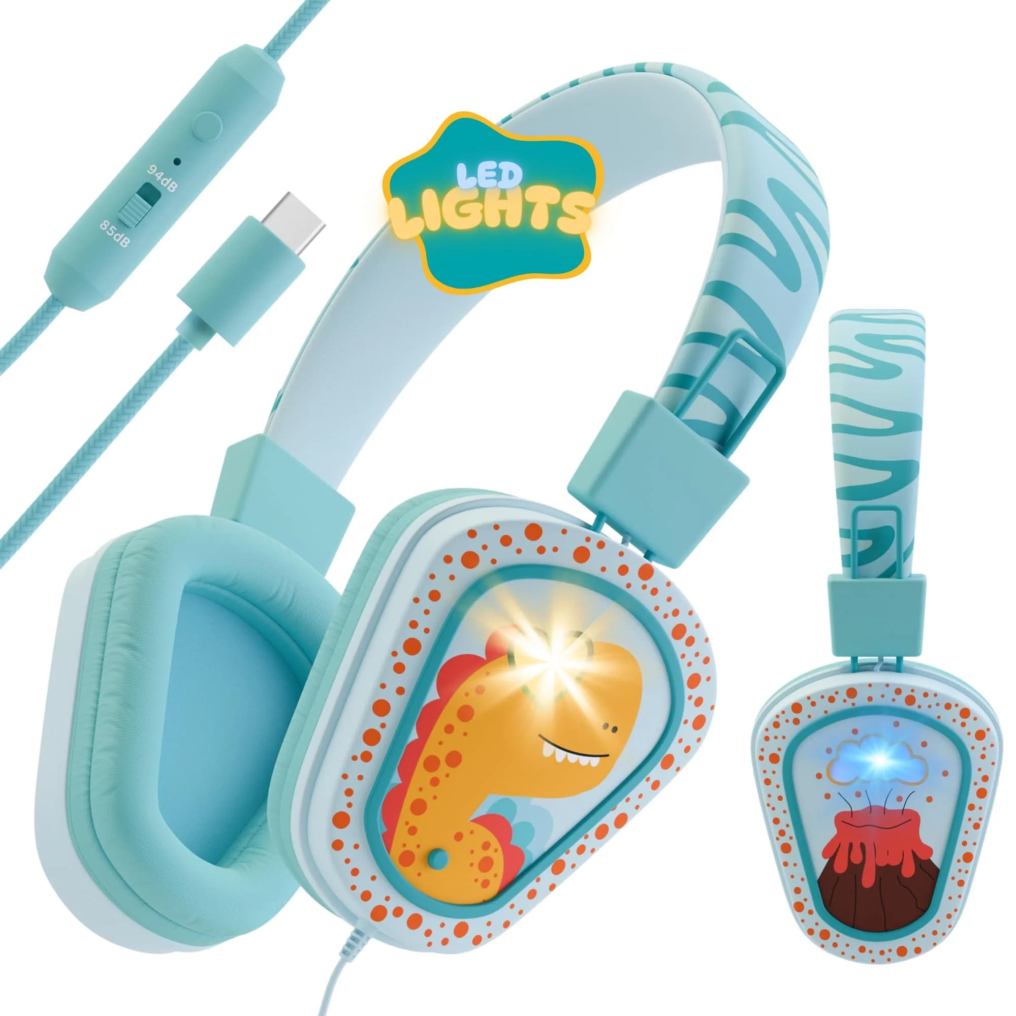Kidrox Kids Headphones Wired LED Lights with Microphone | Safe Volume Limit 85/94dB, USB-C Wired, Durable & Flexible, Dinosaur Design for Kids