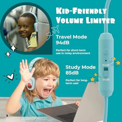 Kidrox Kids Headphones Wired LED Lights with Microphone | Safe Volume Limit 85/94dB, USB-C Wired, Durable & Flexible, Dinosaur Design for Kids thumbnail 3
