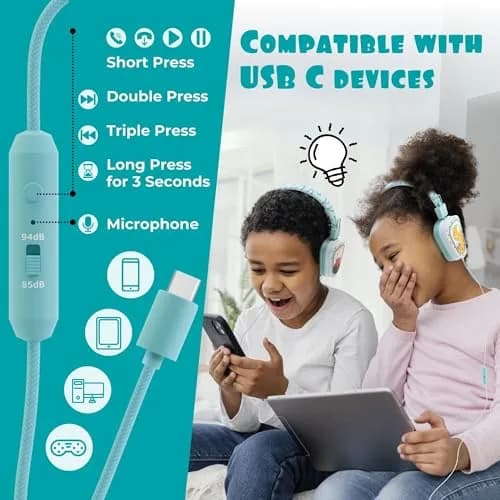 Kidrox Kids Headphones Wired LED Lights with Microphone | Safe Volume Limit 85/94dB, USB-C Wired, Durable & Flexible, Dinosaur Design for Kids thumbnail 4