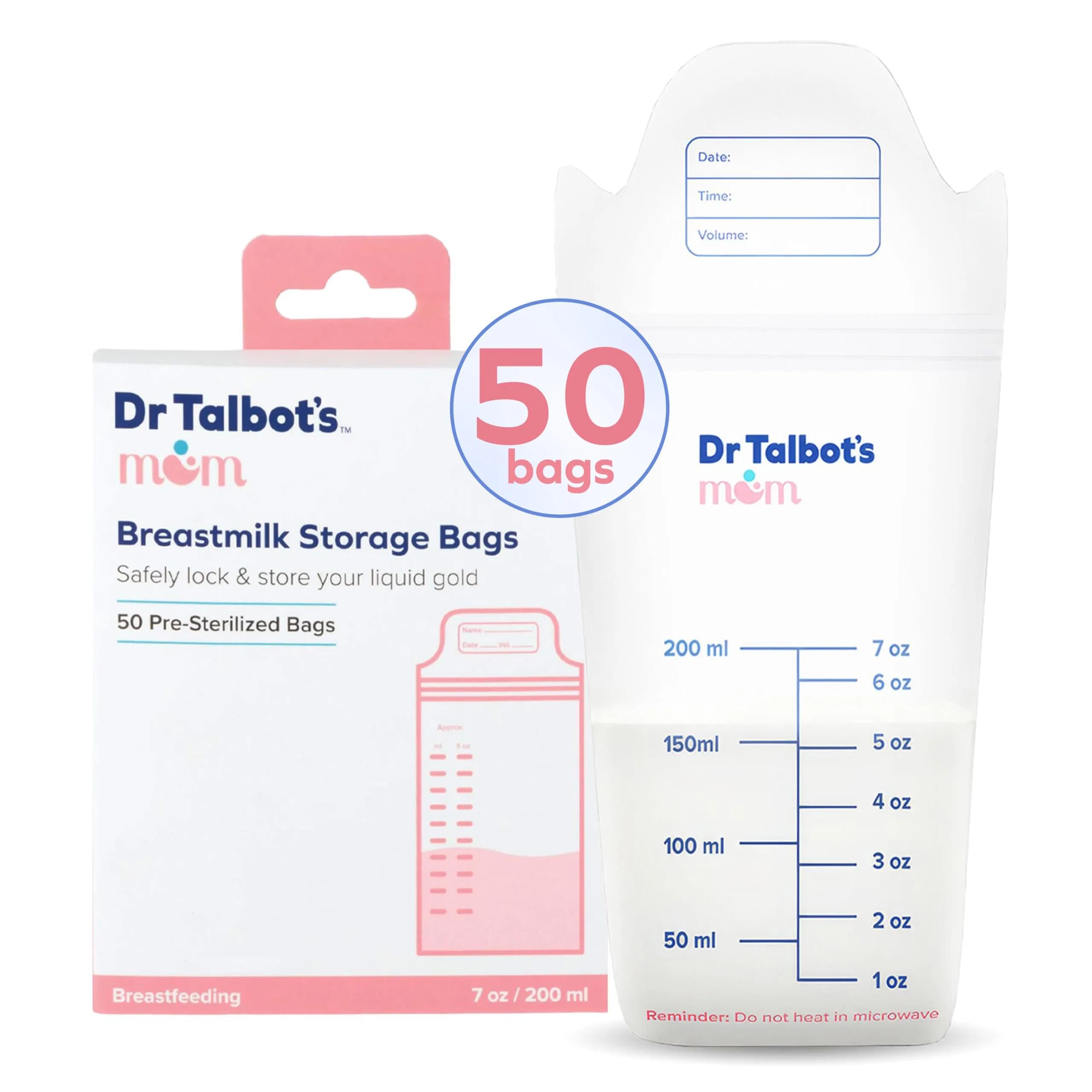 Dr. Talbot's Mom Breastmilk Storage Bags (50 Count, 8oz/240ml) | Puncture-Resistant & Freezer-Safe - main product image