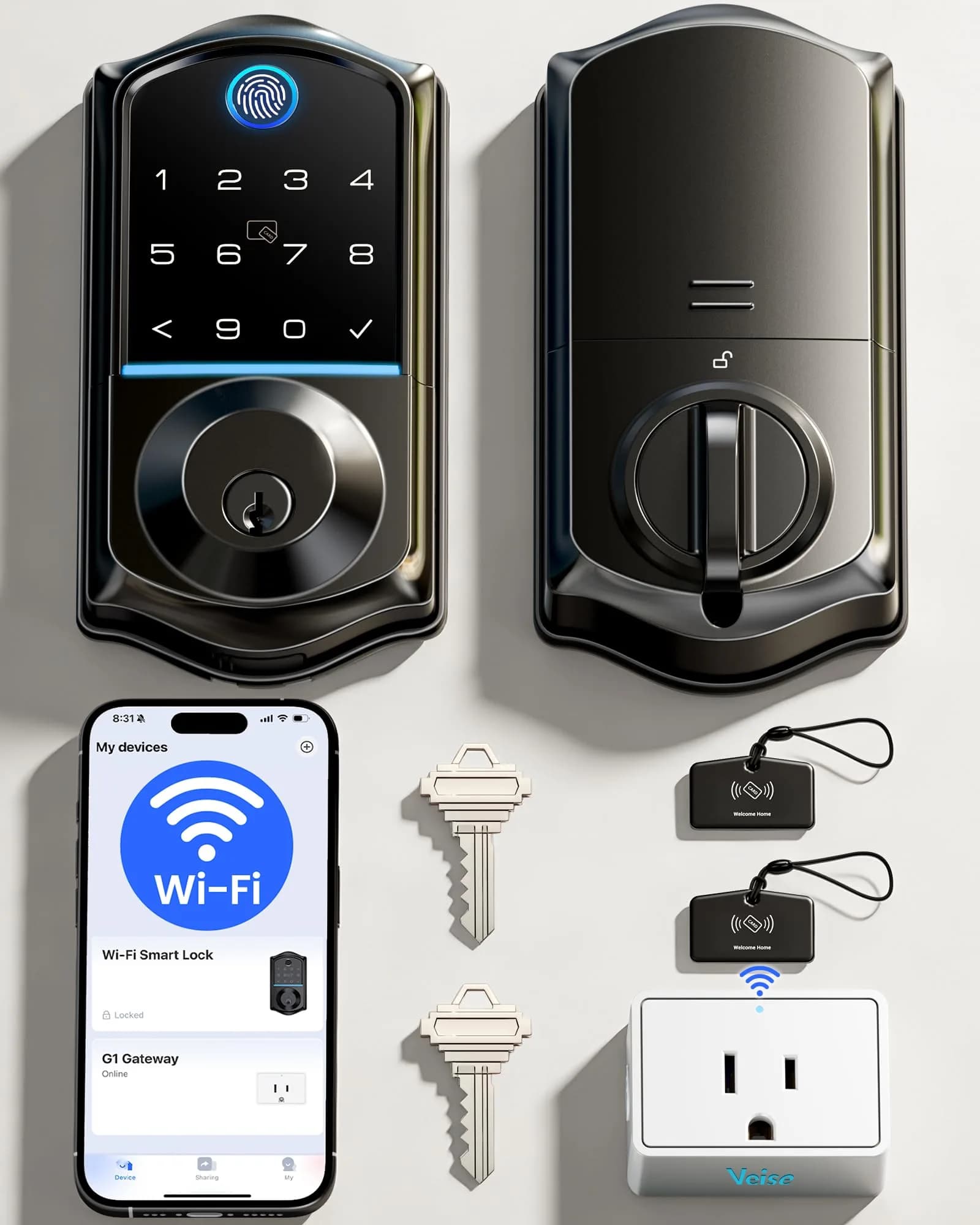 Veise VE017G WiFi Smart Keyless Entry Lock for Front Door | 6 Unlock Methods, App & Voice Control — ‎Matte Black