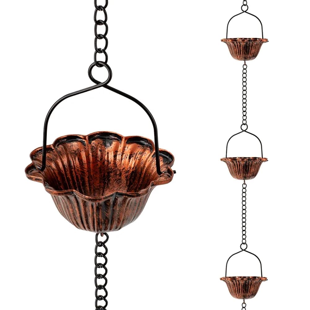 giole Lotus Rain Chain 3.05m (10ft) with 12 Cups & Bell | Decorative Downspout Alternative for Indian Homes — Red Copper-Lotus